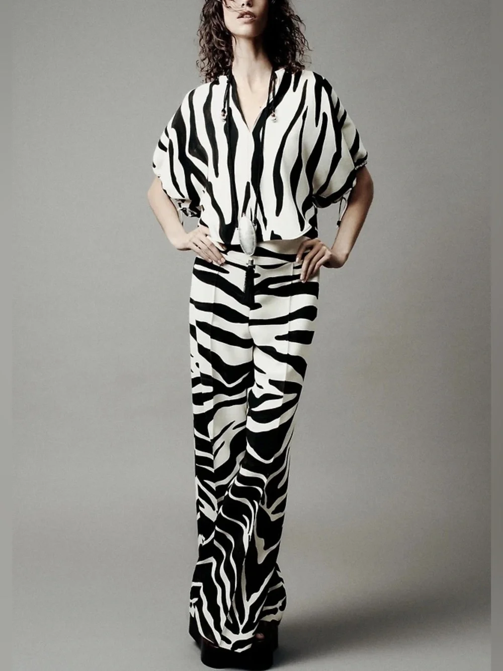 Zara Black & White Zebra-Print Wide-Leg two Piece Set - Picture 1 of 13